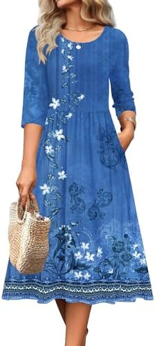 Zeagoo 3/4 Sleeve Women's Dress Casual Aline Summer Fall Midi Long Dresses