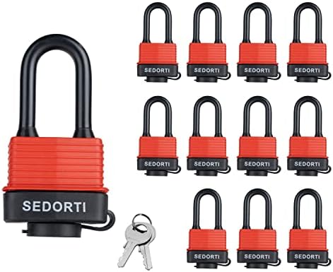 SEDORTI Colored Waterproof Padlocks, Red-Covered Laminated Steel Lock, Same Color with Same Key, Keyed Alike Outdoor Locks, Can Be Used as Lockout Tagout Lock, Long Padlocks, Pack of 12