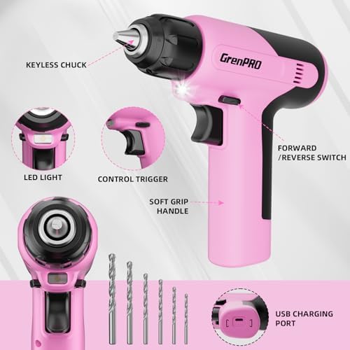GRENPRO 188PCS Pink Cordless Drill Tool Set For Women Tool Kit For Home Box