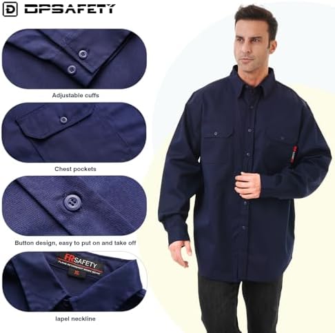 FR Shirt 7oz Fire Resistant Shirts Men's,CAT2 Welding Shirt 100% Cotton Flame Resistant Shirts Navy (Small)