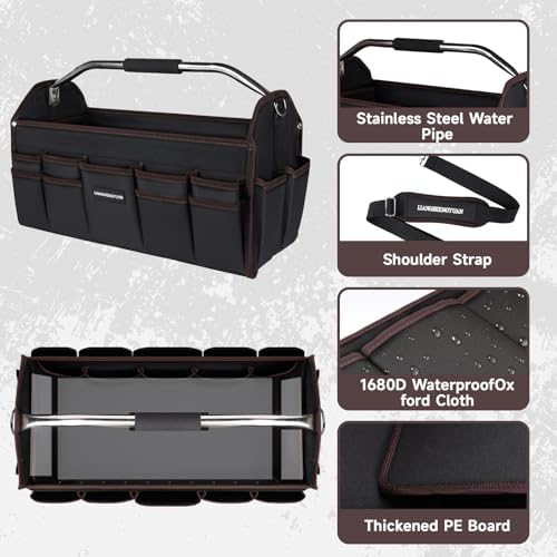 22 In Tool Carrier, Open Top Tool Tote 30 Pockets, Waterproof Tool Bag For Men, Foldable Wide Mouth Electricians Tool Bag, With Stainless Steel Handle and Removable Shoulder Strap