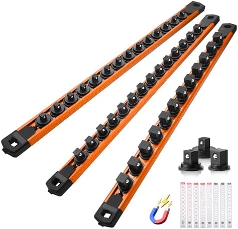 Reniteco Magnetic Socket Organizer Set, 3-Piece 1/2" 3/8" 1/4" Drive Aluminum Alloy Socket Holder with 40PC 360° Swivel Removable Clips, Magnetic Socket Rail for Tool Box Drawer, Orange
