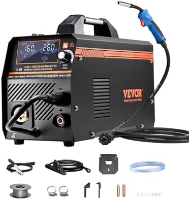 VEVOR MIG Welder, 160A Synergic Mig Welding Machine, 4-in-1 Gas MIG/Flux Core MIG/Stick/Lift TIG Multi-Process Welder Machine, 110V/220V Dual Voltage Mig Welder with IGBT Inverter & LCD Screen Display