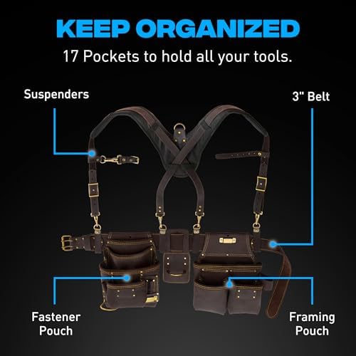 OX Carpenter Tool Belt + Suspenders - Leather Tool Pouch Rig - Size XL