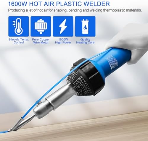 Hot Air Plastic Welder 1600W, Complete Accessories & Nozzles for Plastic Welding Roofing Kit 110V, Vinyl PVC TPO Roof Handheld Hot Air Heat Gun Plastic Welding Torch