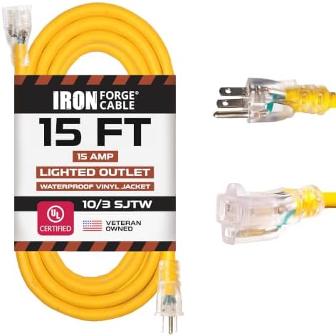 Iron Forge Cable 10 Gauge Extension Cord Heavy Duty, 15 Ft - Yellow SJTW