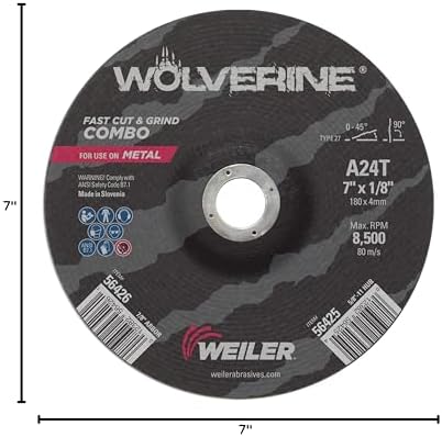 Weiler 56426 Wolverine Type 27 Cut and Grind Combo Wheel, A24T, 7/8" AH, 7" x 1/8", Aluminum Oxide, 7" Diameter (Pack of 25)