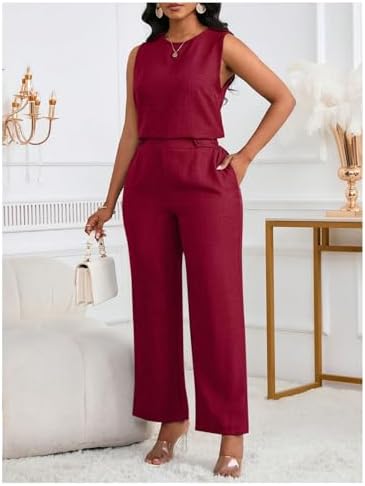 Floerns Women's 2 Piece Sets Dressy Outfits Bussiness casual Crew Neck Sleeveless Blouse and Elegant Pants Set