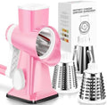 KEOUKE Rotary Cheese Grater Hand Crank Pink - Shredder Slicer Grinder 3 Stainless Steel Blades, Stable Suction, Labor-Saving Handle, Safe Kitchen Tool for Cheese, Vegetable, Nuts, Chocolate