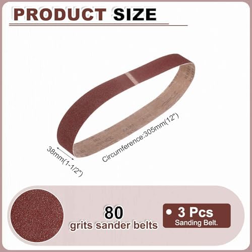 HARFINGTON 1-1/2 x 12 Inch Sanding Belts, 3 Pcs 80 Grit Aluminum Oxide Abrasive Belt Sander File Belt for Woodworking, Metal Polishing, Knife Sharpener