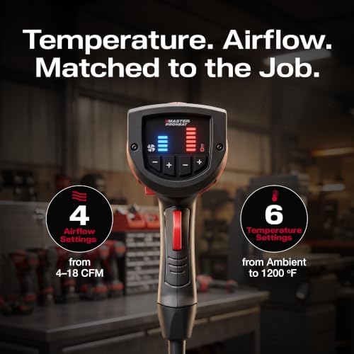 Master Appliance Proheat PH-1200A Professional Industrial Electric Heat Gun - Adjustable Temperature & Airflow, Up to 1200F, Quick Change Heating Element, 1560W, 13A, 120V, Engineered in the USA
