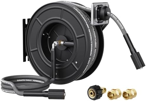 Giraffe Tools Pressure Washer Hose Reel 60ft, Power Washer Hose Reel, Pressure Washer Retractable Hose Reel, Heavy Duty, Wall/Floor Mounted, 4000 PSI, Dark Silver
