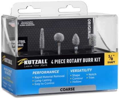 Kutzall 4-Piece Rotary Burr Kit - 1⁄8" Shaft, Coarse - Wood Carving Bits for Dremel, Foredom, Ryobi, DeWalt, Milwaukee Tools - Structured Tungsten Carbide
