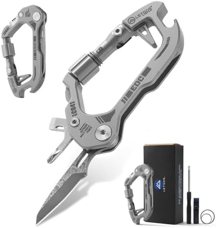 Titanium 6-in-1 Multi-Tool Carabiner–EDC Damascus Steel Knife, Bottle Opener, Screwdriver Set, Lockable Keychain Hook – Lightweight 1.3 oz for Outdoor Camping Hiking, Gift for men