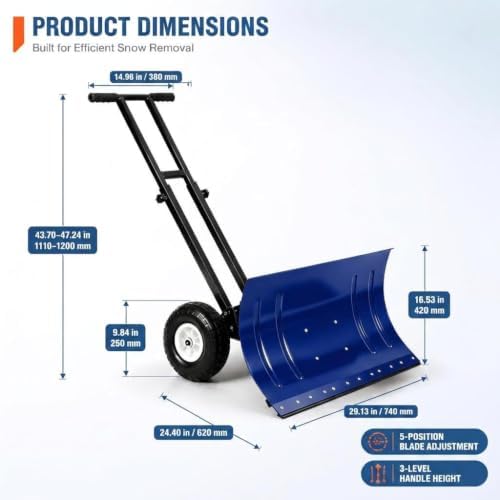 GarveeLife Wheeled Snow Shovel - 29in Steel Blade, 10in Wheels Blue/Black