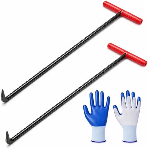 Gisafai 2 Pack 24 Inch Manhole Cover Hook with T Handle and Gloves Heavy Duty Steel Sewer Tool for Manhole Covers, Storm Drains, Septic Lids, Multi Purpose Lifting and Removal Kit