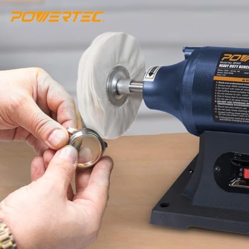 POWERTEC 6-Inch Bench Buffer Jewelry Polisher - Includes 5PCs 80Ply Buffing Wheels + 3PCs Polishing Compound Set | Benchtop Buffing Machine for Metal, Jewelry, Knives, Wood, Jade, and Plastic (BF601D)