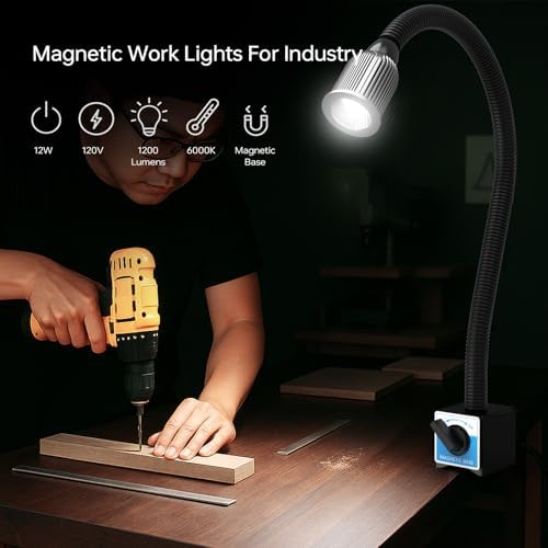 Magnetic Light, 1200 Lumen 120v Flexible Gooseneck Work Light with Adjustable Magnetic Base for CNC Milling Drill Press Sewing Machine Industrial Lighting, 12W