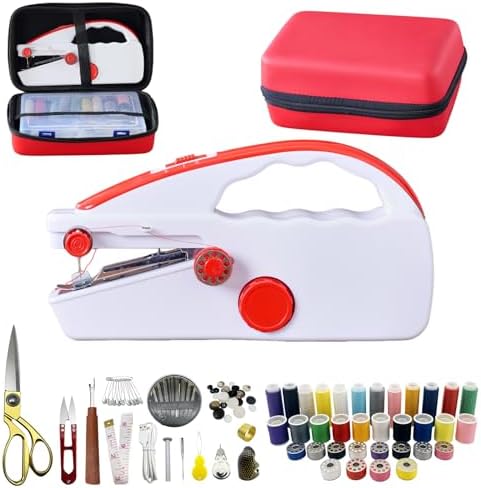 Handheld Sewing Machine Heavy Duty, with Red Leather Storage Case and 110-Piece Sewing Kit, Mini Portable, Ideal for Adults & Beginners, Complete Set of Quick Home Clothing Repair Tools, Good Gift
