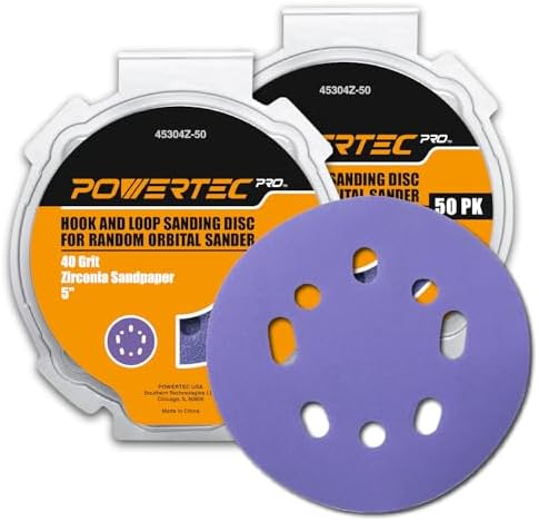 POWERTEC PRO 100PK, 5 Inch Sanding Discs Hook and Loop, 40 Grit, Zirconia Orbital Sander Sandpaper for 5 & 8 Hole Random Orbital Sanders - Automotive, Paint, Metal, Woodworking (45304Z-50-P2)
