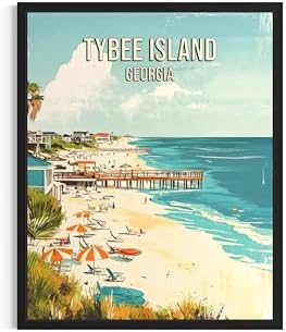 Tybee Island Beach Georgia Black Framed Wall Art Print Poster, US Vintage Retro Beach Scenery Posters Prints for Restroom Home Picture Painting Artwork Gallery 219 (Tybee Island Beach Georgia, 16 x 20 inches, Black Frame)