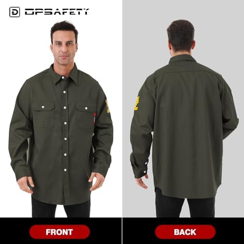 FR Shirts for Men 7oz Hi Vis Fire Resistant Shirts CAT2 Welding Shirt 100% Cotton Flame Resistant Shirt Dark Green(5X-Large)