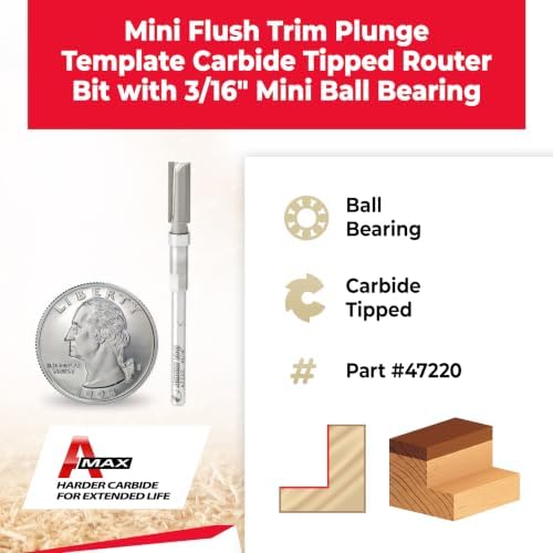 Amana Tool Carbide Tipped Miniature Flush Trim Plunge Template Router Bit, 47220, 3/16 Dia x 1/2 x 1/8 Inch Shank with Mini 3/16 D Upper Ball Bearing