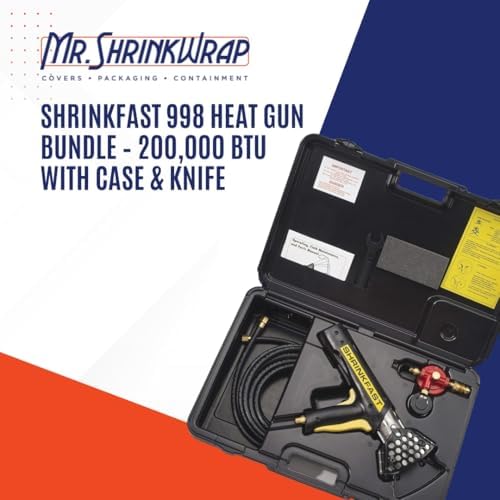 Mr. Shrinkwrap Bundle - Shrinkfast 998 Propane Heat Gun, 200000 BTU, Ready to Use with 25' Hose, Regulator, Wrench, Hard Case, 4' Angled Extension, and Shrink Film Knife Made in the USA
