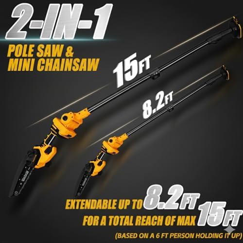 2-in-1 Cordless Mini Chainsaw & Pole Saw – 15FT Extendable Tree Trimmer | 20V Battery-Powered, Lightweightv,Gift for Dad Husband & Safe Garden Tool for Pruning & Wood Cutting