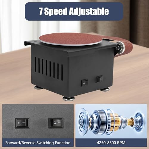 6-Inch Mini Disc Sander, 7 Speed Adjustable Bench Belt Sander Grinder, Electric Tabletop Belt Sanders for Metal Wood Knife Steel Iron Plastic Working, 100W 110V