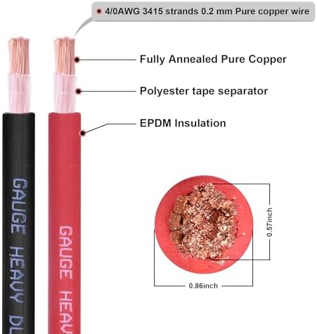4/0 Gauge Battery Cable, 5F T Red + 5FT Black 4/0 AWG Pure Copper Wire Welding Cable, for Automotive, Battery, Solar and Generator, Standard USA OFC Wire