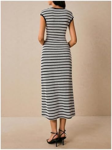 SOLY HUX Women's Striped Midi Dress Casual Work Knit Bodycon Summer Dresses