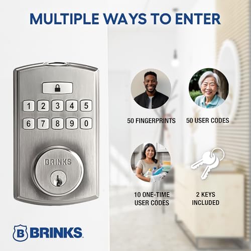 Brinks Fingerprint Door Lock with Lever – Keyless Entry Biometric Lock, Electronic Keypad Fingerprint Deadbolt with Auto-Locking, Front Door Lock and Interior Lever Set, Satin Nickel