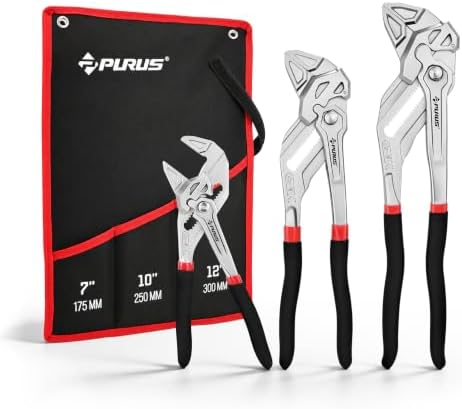 PURUS 7/10/12-inch Pliers Wrench Set, CR-V Adjustable Wrench, Smooth Parallel Jaws, Groove Lock, Non-Slip Handle, with Storage Bag for home, Plumbing, Faucet, Pipe & Home Repair