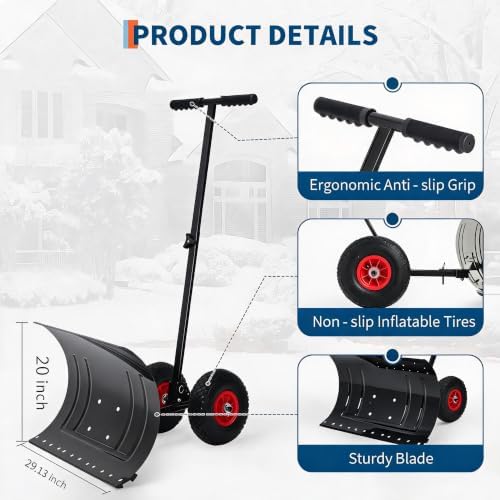 MAXSA 29" W Push Snow Plow Shovel with Wheels for Driveway, Black