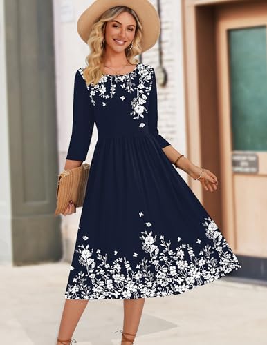 Zeagoo 3/4 Sleeve Women's Dress Casual Aline Summer Fall Midi Long Dresses