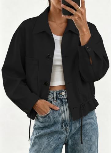 Womens Funnel Neck Jackets Fall Casual Ruffle Hem Cropped Coats
