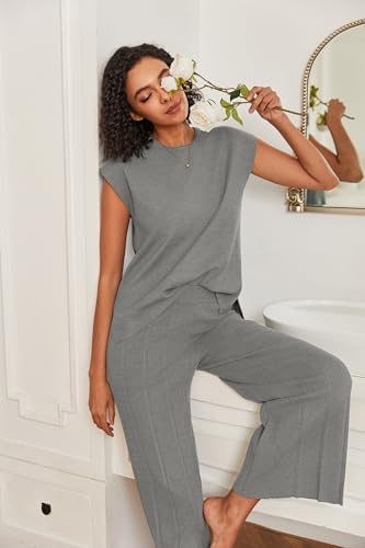Ekouaer Lounge Sets for Women Two Piece Outfits Knit Cap Sleeve Tops Wide Leg Pleated Pants Casual Dressy Sweater Sets