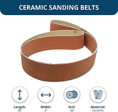 Benchmark Abrasives 2" x 36" Ceramic Sharpening Sanding Belts for Grinding Deburring Polishing Rust Removal on Metal, Stainless Steel, and Carbon Steel, Use with Belt Disc Sander (6 Pack) - 60 Grit