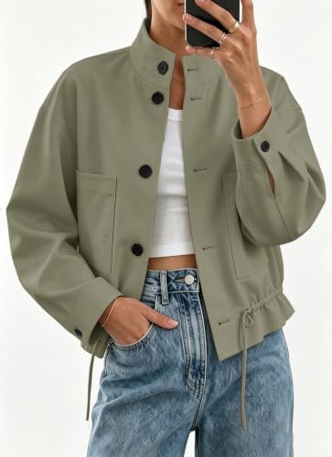 Womens Funnel Neck Jackets Fall Casual Ruffle Hem Cropped Coats