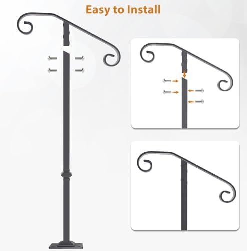 Wrought Iron Handrail 38.8" H, Single Post Handrail Fits 1 or 2 Steps | Sturdy Outdoor Stair Railing for Concrete&Wooden Steps with Base, Stair Handrails, Grab Rail for Steps Porch, Gray