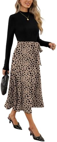 OFEEFAN Long Sleeve Dress Mock Neck Tie Waist Ribbed Knit Midi Dresses Fall Outfits