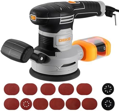 Random Orbital Sander: DEKOPRO 4.5A Corded Electric Sander Palm Sanders, 6 Various Speeds Hand Sander with Replaceable Sander Pad, Dust Box, 31Pcs Sandpapers for Woodworking & Sanding