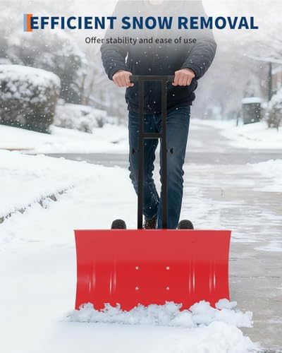 Garvee Snow Shovel with Wheels, 5-Position Angled Blade & Rubber Wheels, Heavy-Duty Back Saver Steel Snow Plow for Driveways, Sidewalks & Doorways, Double Rod, 29" W X 16.5" H, Red & Black
