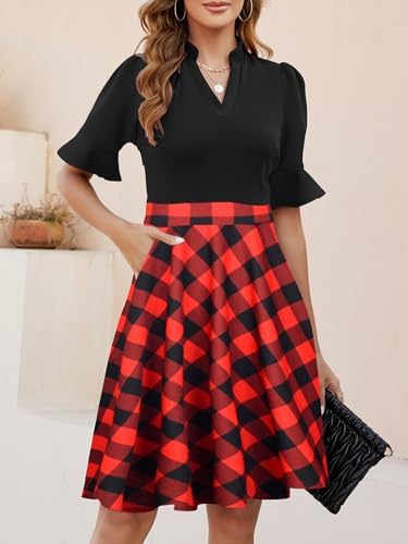 Mokayee Womens Summer V Neck Ruffle Short Sleeve Fit and Flare Knee Length Church Wedding Guest Dresses with Pockets