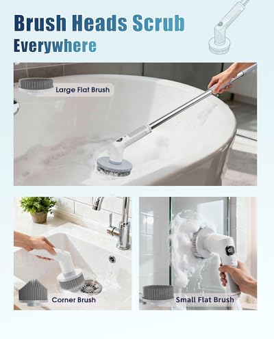 2026 Electric Spin Scrubber, Upgraded 4000mAh Powerful 2-Speed Shower Scrubber with Long-Standby Wrok, IPX7 Waterproof Adjustable Pole with 5 Replacement Heads for Bathroom Bathtub Kitchen Cleaning