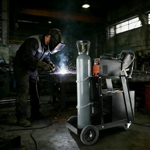 Welding Cart, 2-Tier 4-Drawer Welder Cart with 265LBS Load Capacity, Dual Cylinder Slots & Safety Chains, 360° Swivel Wheels, Heavy Duty Rolling Cart for MIG Welder & Plasma Cutter