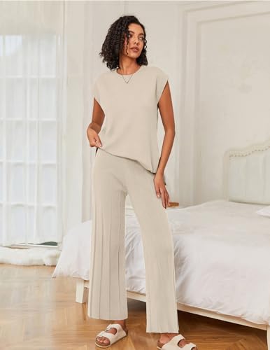 Ekouaer Lounge Sets for Women Two Piece Outfits Knit Cap Sleeve Tops Wide Leg Pleated Pants Casual Dressy Sweater Sets