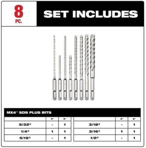 48-20-7663 Fits Milwaukee Tool 8 Pc. 4-Cutter Mx4 SDS-Plus Rotary Hammer Drill Bit