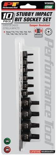 Performance Tool W38962 10-Piece Impact Tamper Star Bit Socket Set | 1/4 & 3/8 in. drive T10-T50. 40% shorter low profile for confined areas. CrMo steel. Includes storage rail